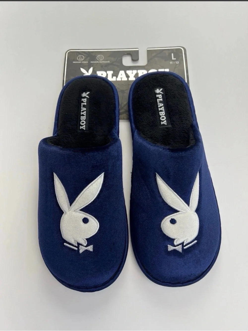PLAYBOY Memory Foam Indoor Outdoor Navy Blue/White Slippers Mens Sz L